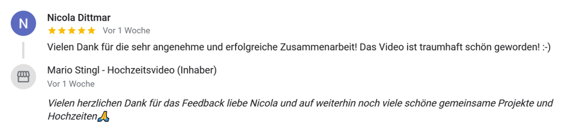 Feedback von einem weiteren Hochzeitsdienstleister