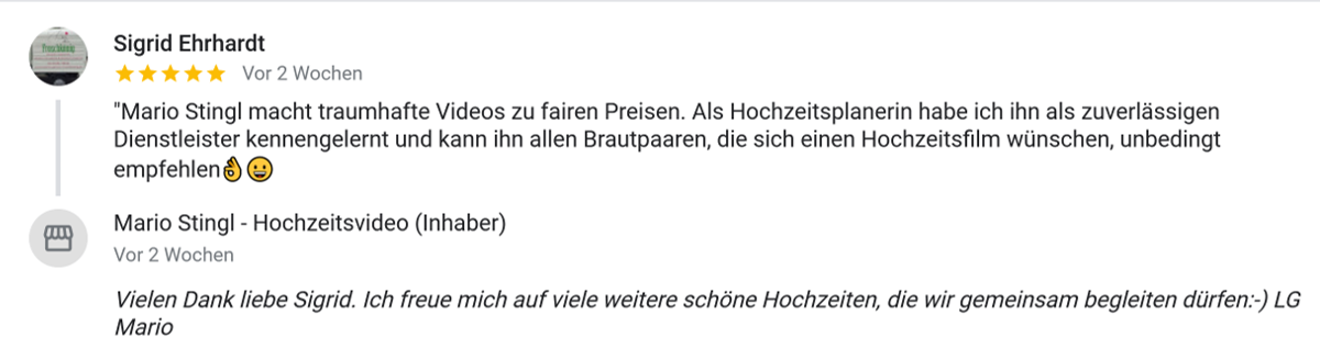 Feedback von einem Hochzeitsdienstleister