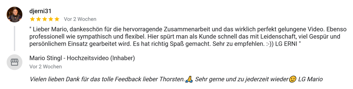 Feedback Hochzeitsvideo exklusiv